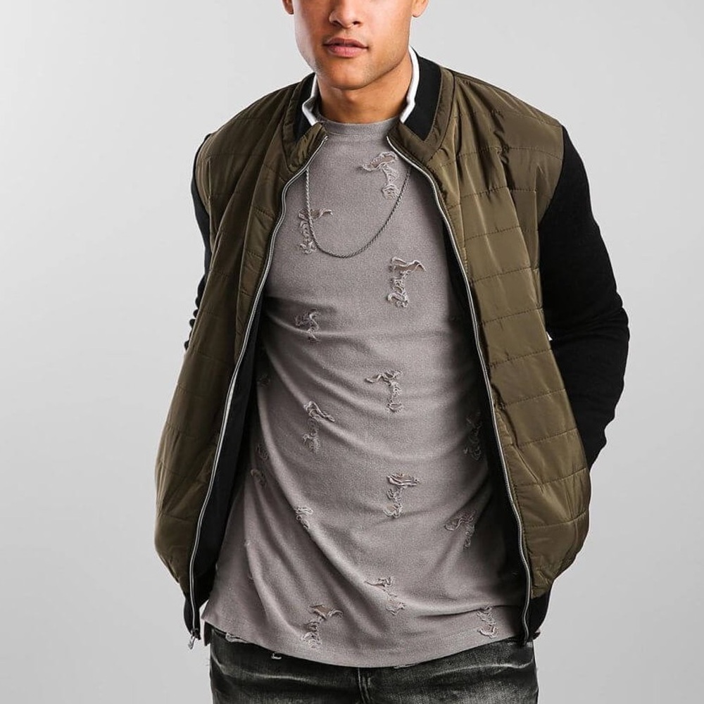 nwt Scott James Quilted Satin Bomber Jacket Sweater Zip Up Combo Green Black